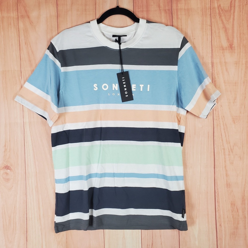 Sonneti London T Shirt Mens Medium Multicolor Striped Spellout Logo Casual Wear